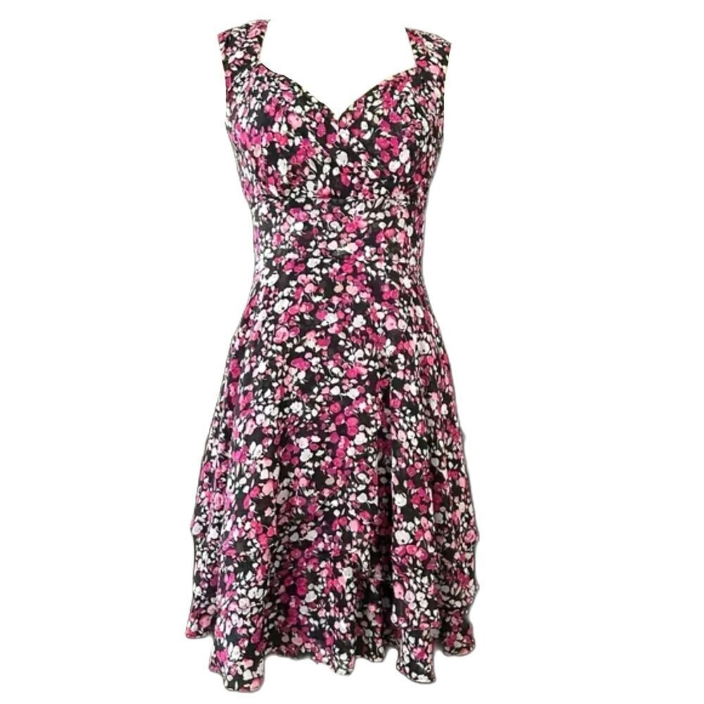 White House Black Market Black Floral Tiered Ruffle Dress